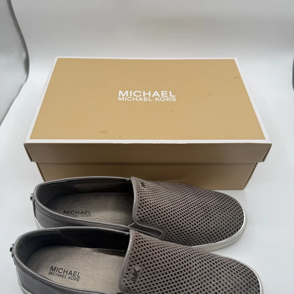 Michael Kors Slip On Sneakers Women 11 Taupe Gray Perforated Patent Leather Flat